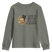 Life Is Better With Cats And Books Youth Sweatshirt Funny Black Cat Book Lover - Wonder Print Shop