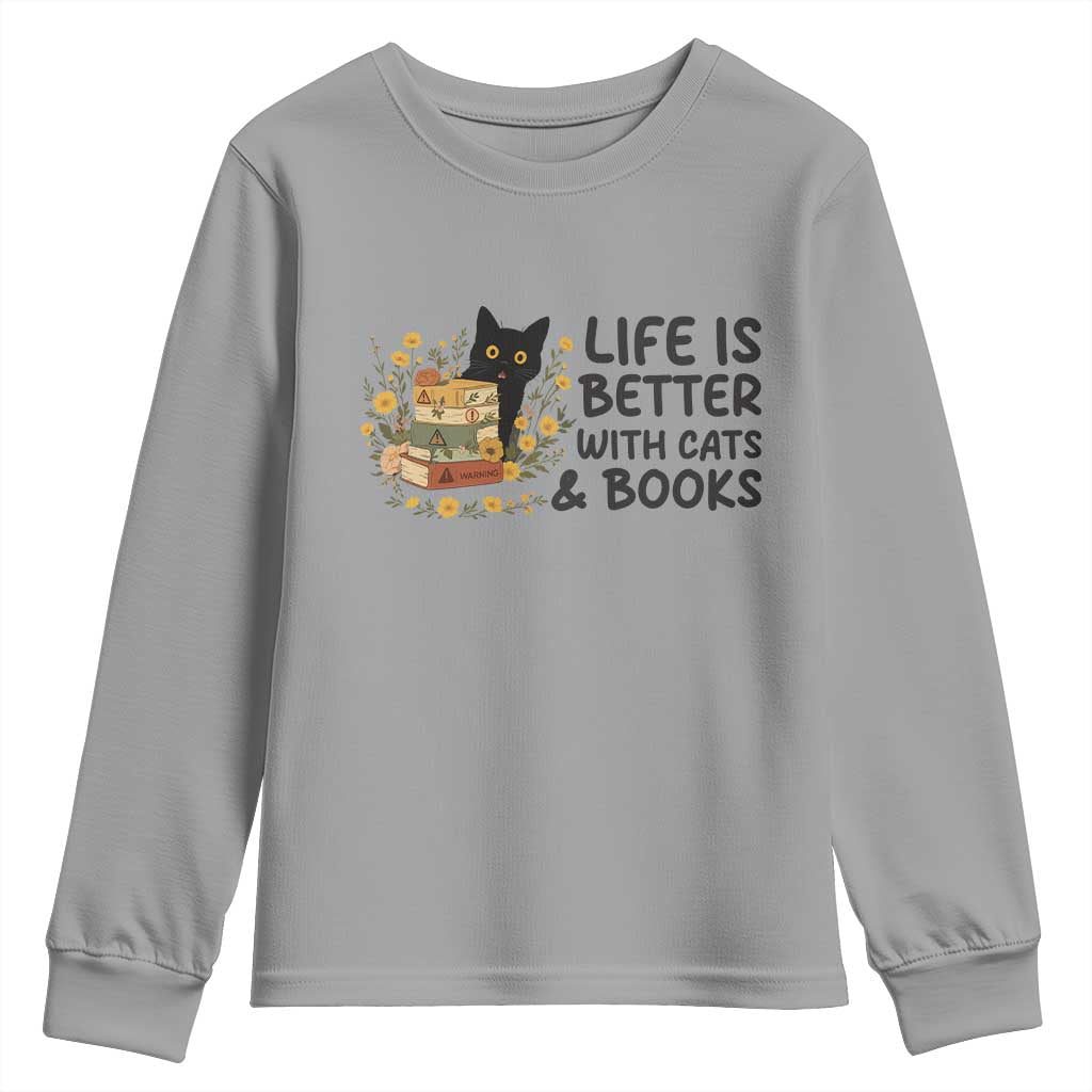 Life Is Better With Cats And Books Youth Sweatshirt Funny Black Cat Book Lover - Wonder Print Shop