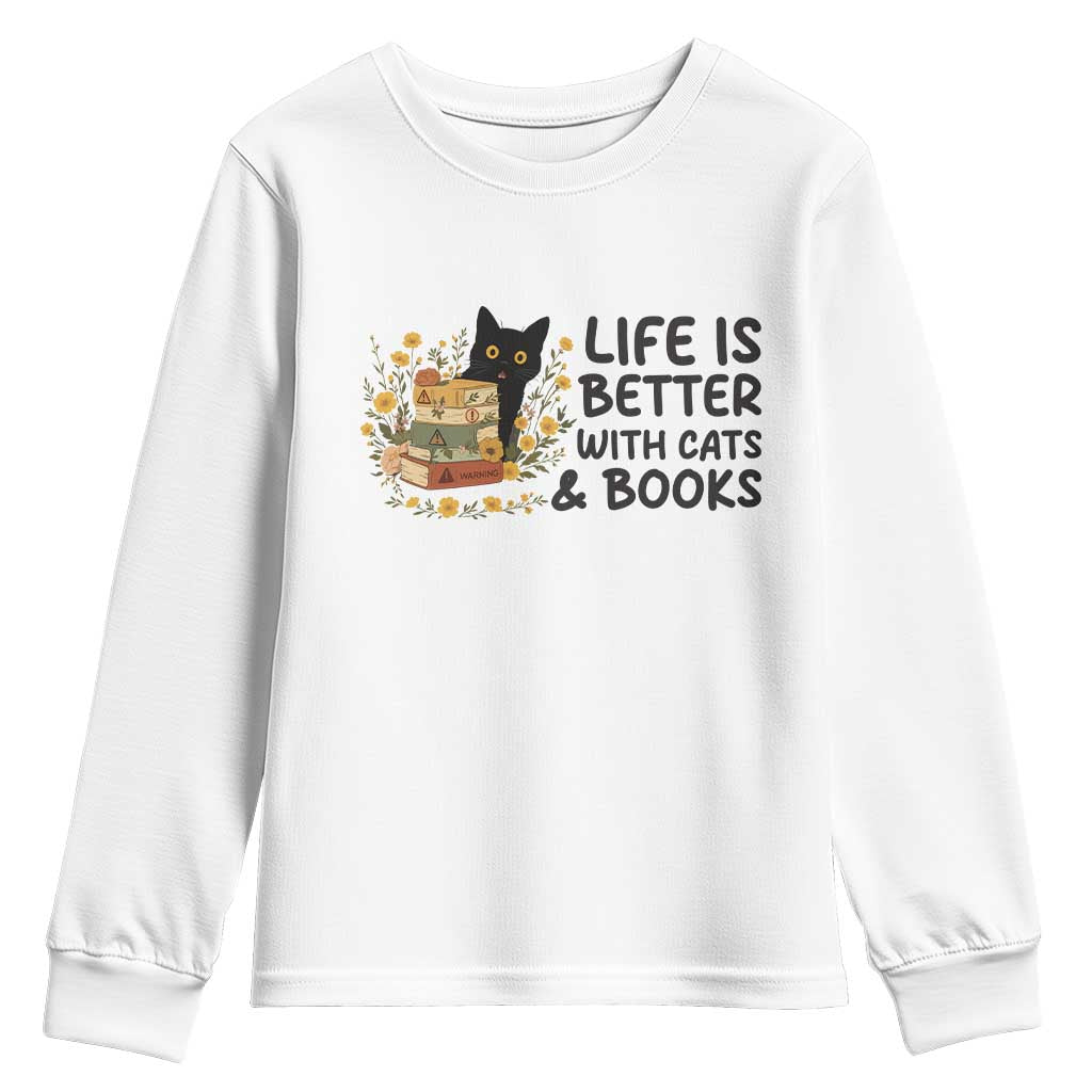 Life Is Better With Cats And Books Youth Sweatshirt Funny Black Cat Book Lover - Wonder Print Shop