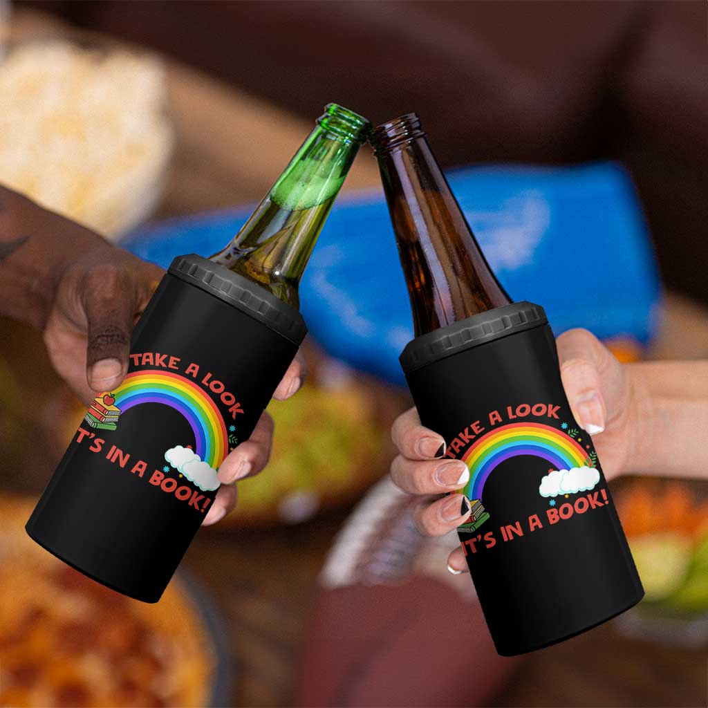 Take A Look It Is In A Book 4 in 1 Can Cooler Tumbler Cute Rainbow Book Educational Quote