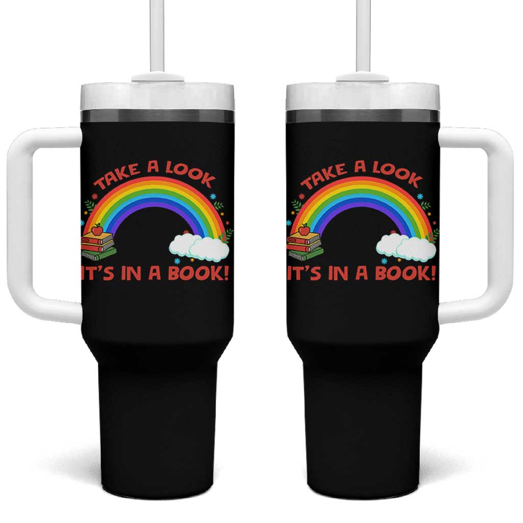 Take A Look It Is In A Book Tumbler With Handle Cute Rainbow Book Educational Quote