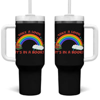 Take A Look It Is In A Book Tumbler With Handle Cute Rainbow Book Educational Quote