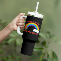 Take A Look It Is In A Book Tumbler With Handle Cute Rainbow Book Educational Quote