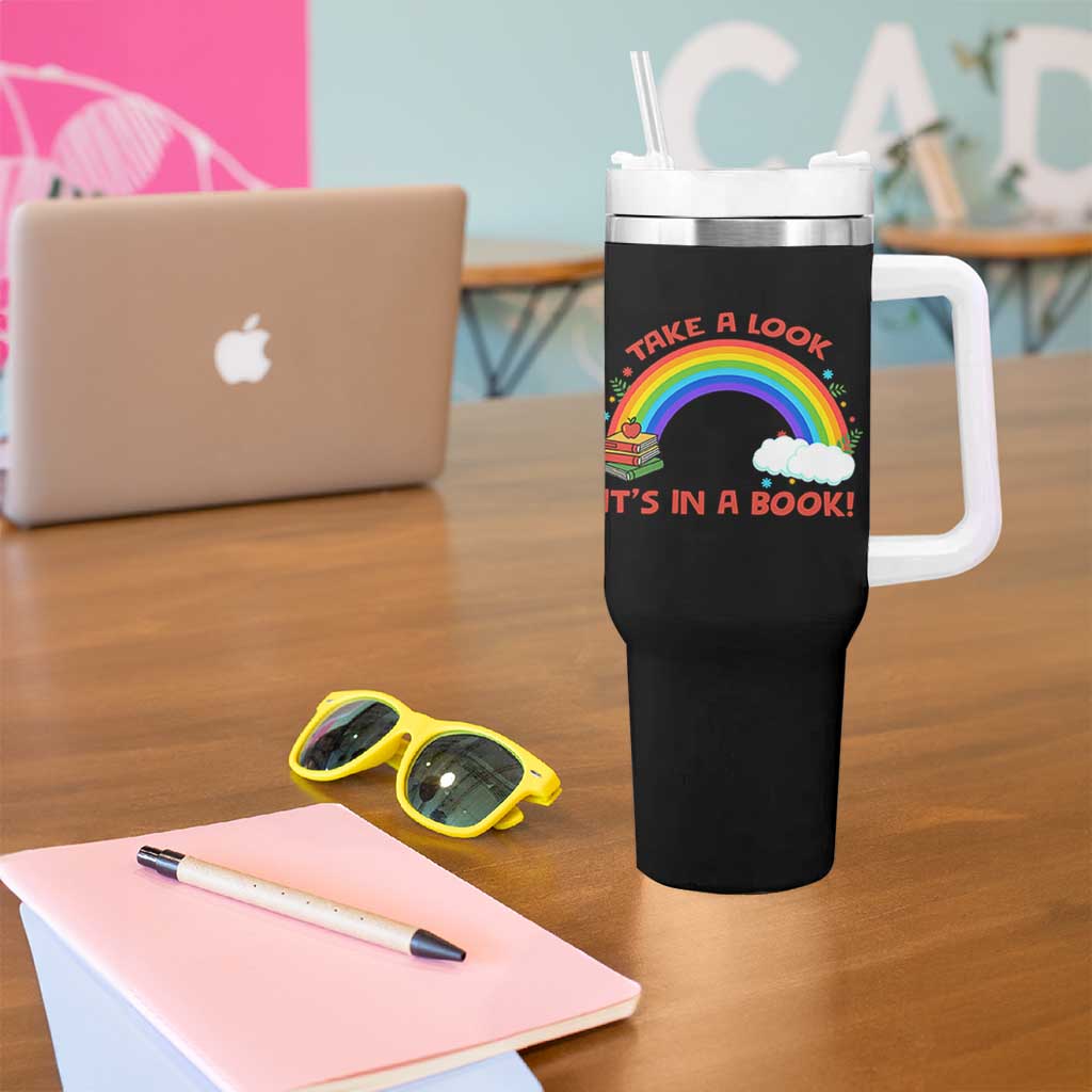 Take A Look It Is In A Book Tumbler With Handle Cute Rainbow Book Educational Quote