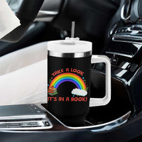 Take A Look It Is In A Book Tumbler With Handle Cute Rainbow Book Educational Quote