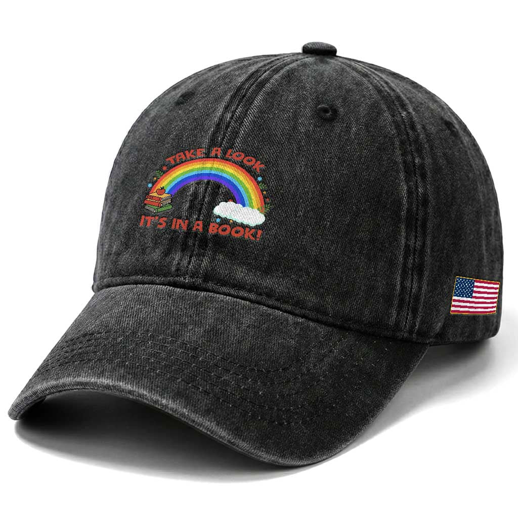 Take A Look It Is In A Book Washed Cotton Baseball Cap Cute Rainbow Book Educational Quote