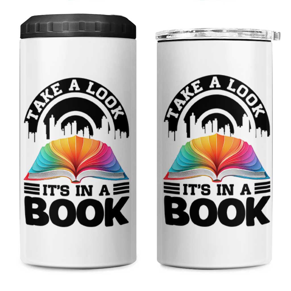 Take A Look It Is In A Book 4 in 1 Can Cooler Tumbler Reading Retro Rainbow Vintage