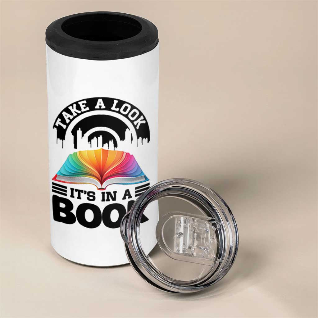 Take A Look It Is In A Book 4 in 1 Can Cooler Tumbler Reading Retro Rainbow Vintage