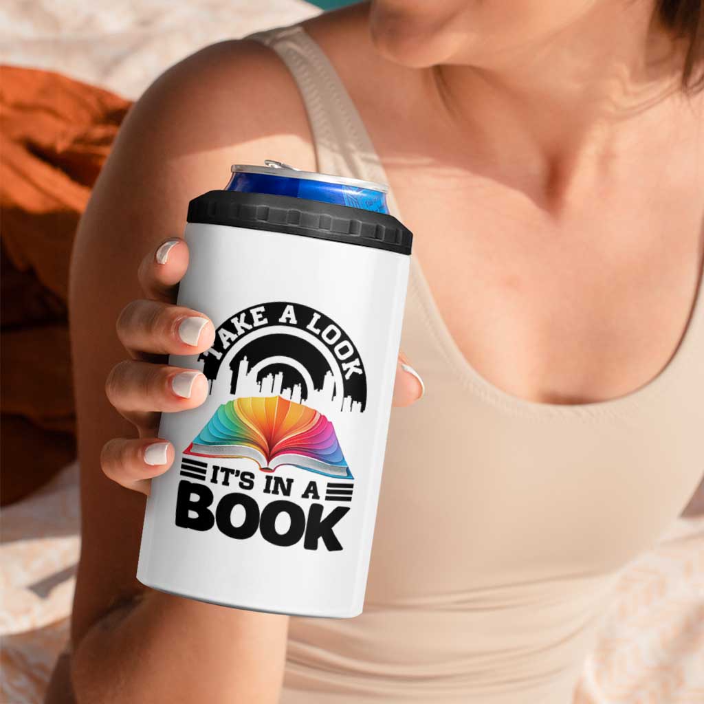 Take A Look It Is In A Book 4 in 1 Can Cooler Tumbler Reading Retro Rainbow Vintage