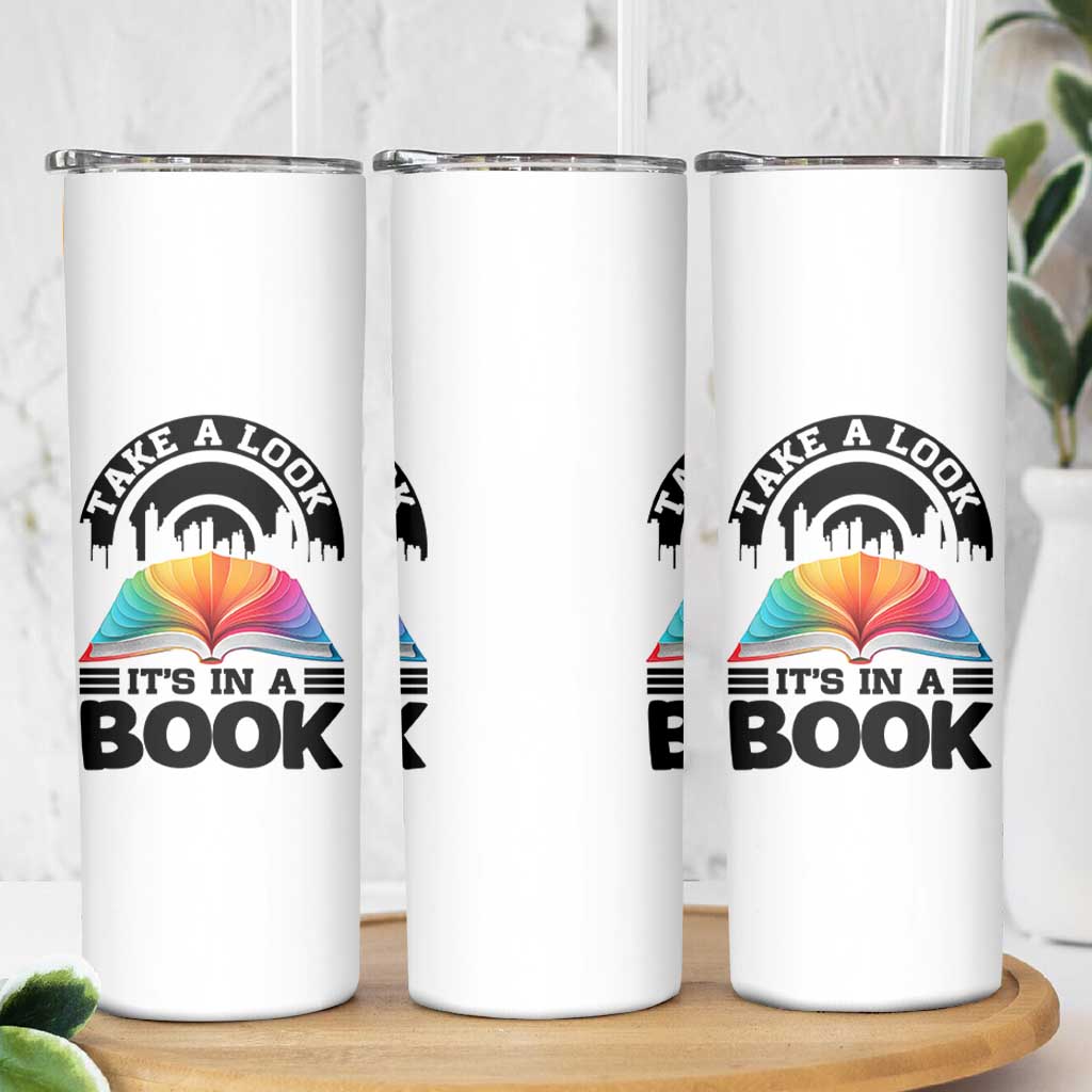 Take A Look It Is In A Book Skinny Tumbler Reading Retro Rainbow Vintage