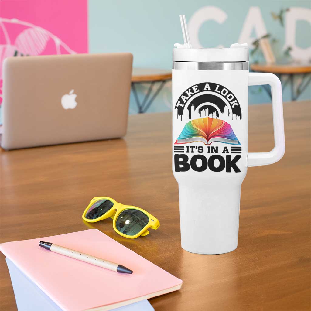 Take A Look It Is In A Book Tumbler With Handle Reading Retro Rainbow Vintage