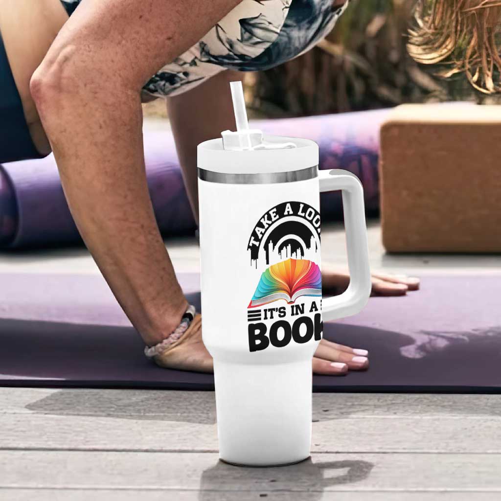 Take A Look It Is In A Book Tumbler With Handle Reading Retro Rainbow Vintage