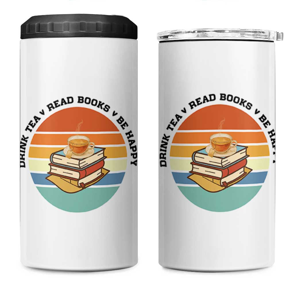 Drink Tea Read Books Be Happy 4 in 1 Can Cooler Tumbler Book Worm Tea Cup