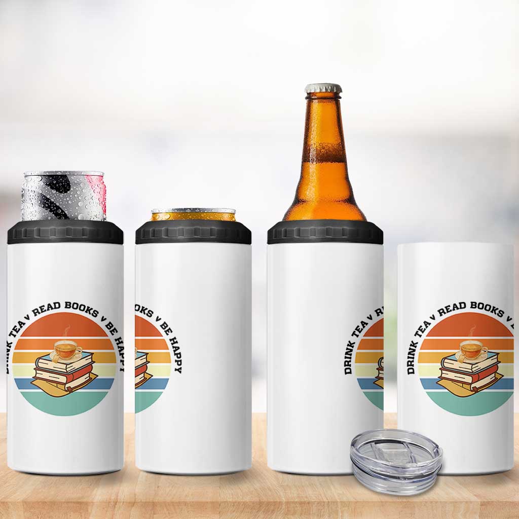 Drink Tea Read Books Be Happy 4 in 1 Can Cooler Tumbler Book Worm Tea Cup