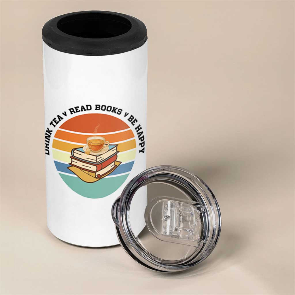 Drink Tea Read Books Be Happy 4 in 1 Can Cooler Tumbler Book Worm Tea Cup