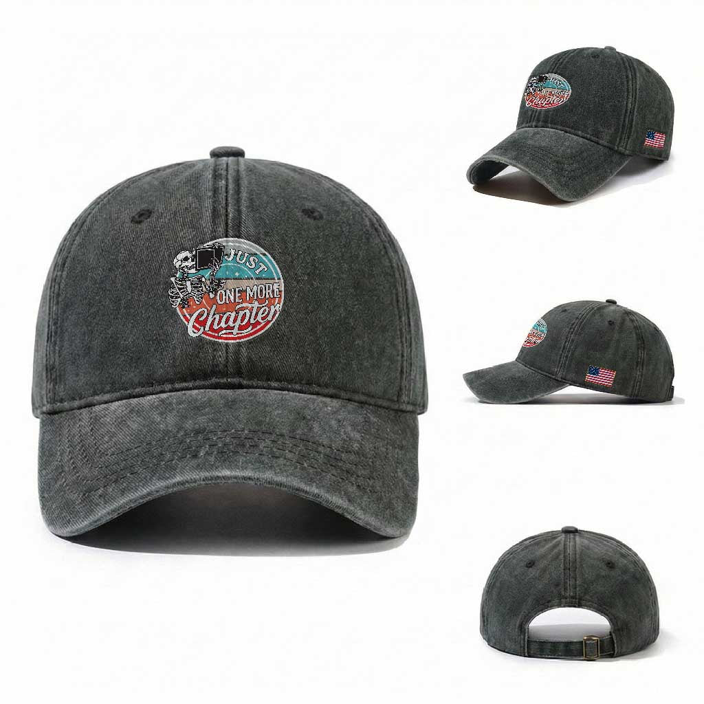Just One More Chapter Washed Cotton Baseball Cap Funny Skeleton Reading Book