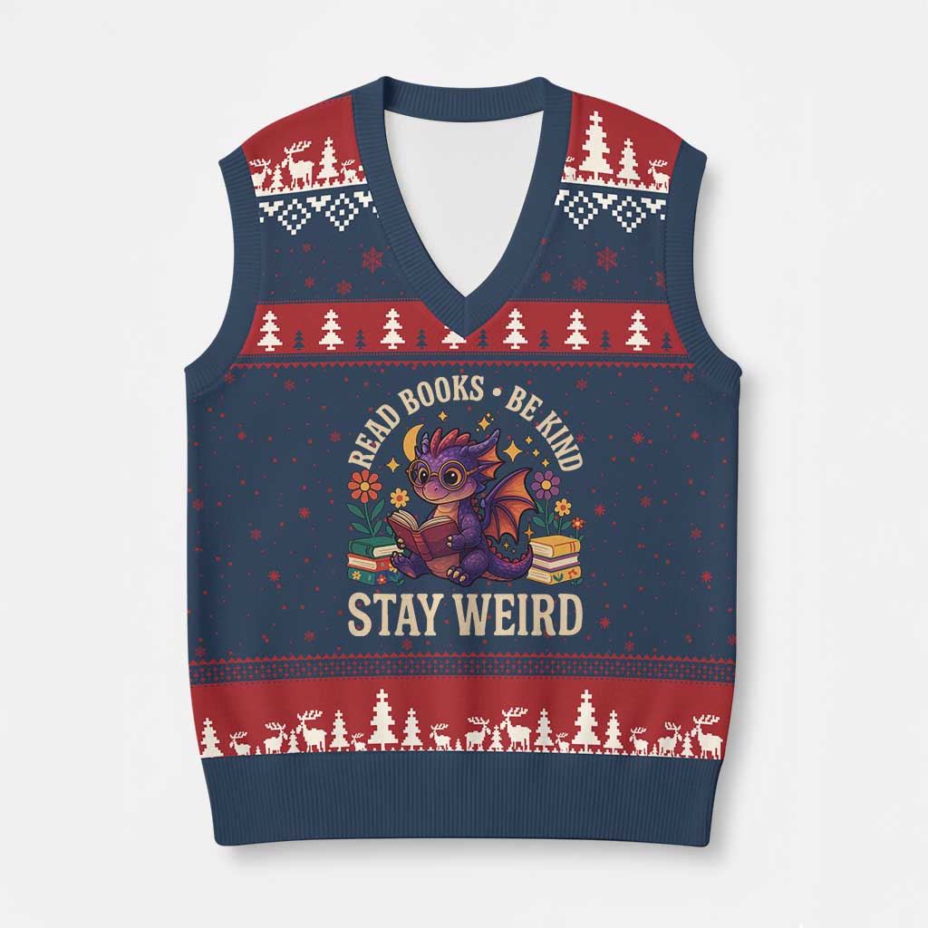 Dragon Read Book V-Neck Knit Sweater Vest Funny Read Books Be Kind Stay Weird - Wonder Print Shop