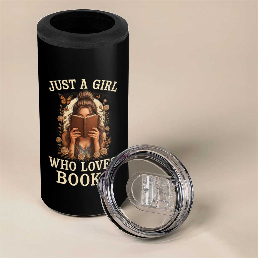 Just A Girl Who Loves Books 4 in 1 Can Cooler Tumbler Funny Bookworm Quote