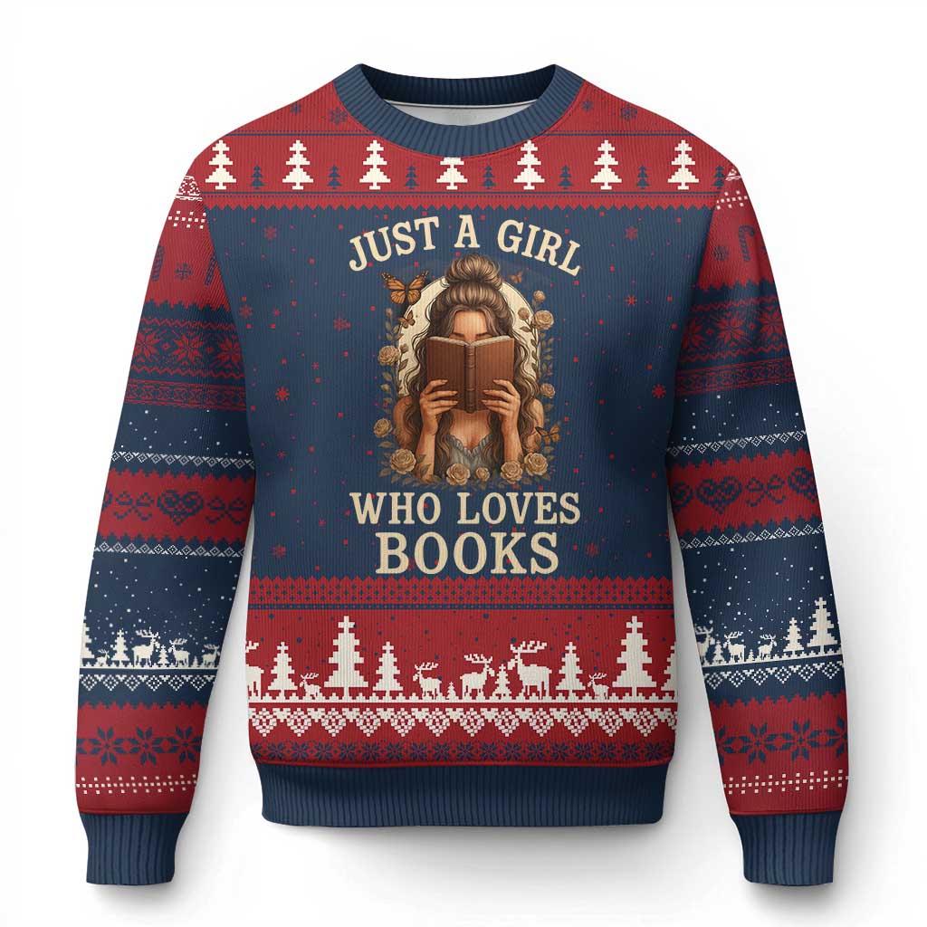 Just A Girl Who Loves Books Ugly Christmas Sweater Funny Bookworm Quote - Wonder Print Shop