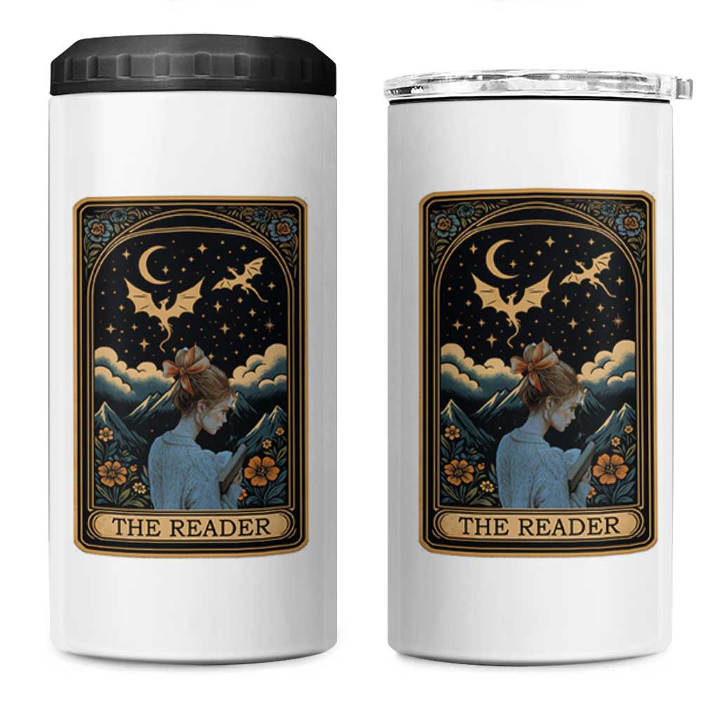 Funny The Reader Tarot Card 4 in 1 Can Cooler Tumbler Girl Reading Fantasy Book