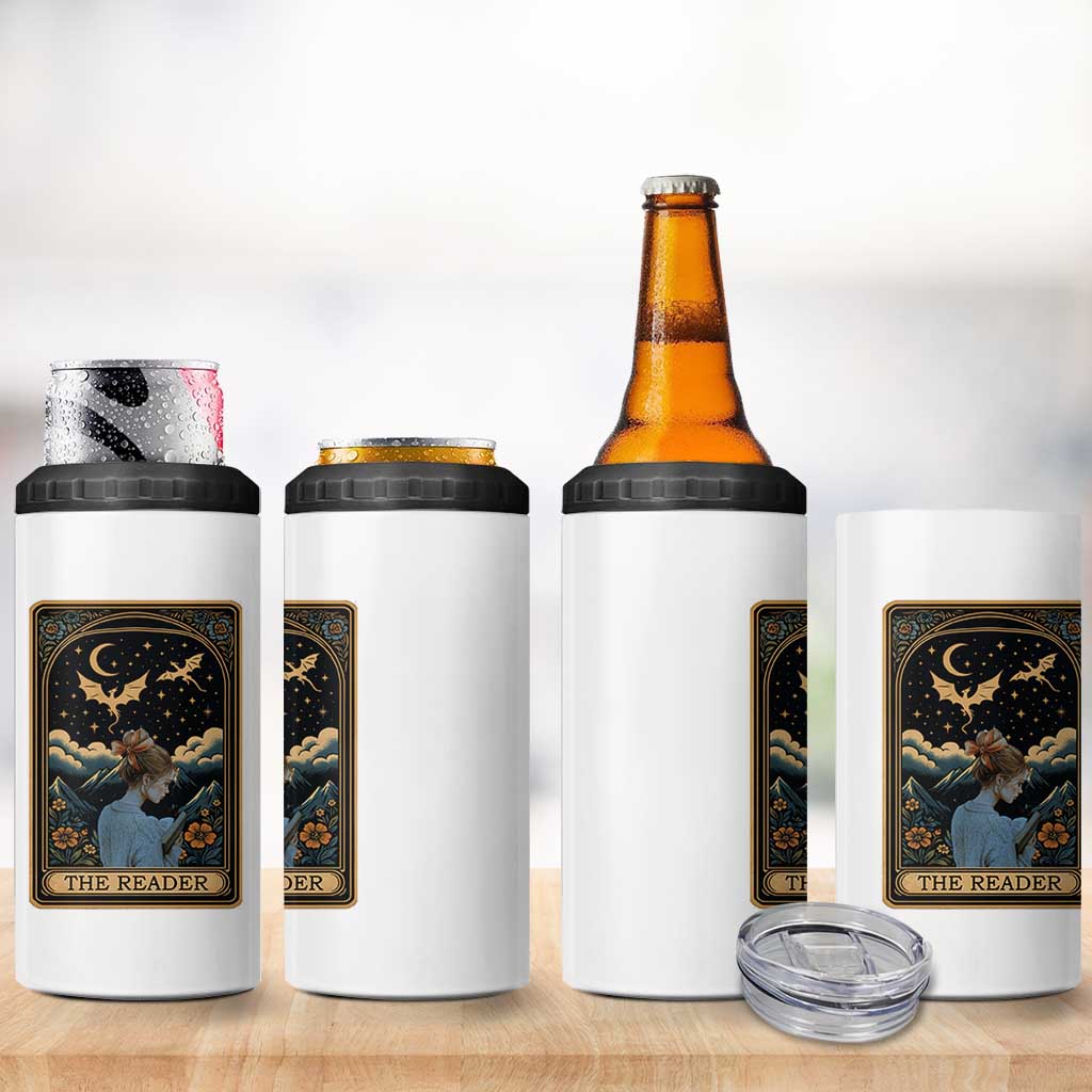 Funny The Reader Tarot Card 4 in 1 Can Cooler Tumbler Girl Reading Fantasy Book