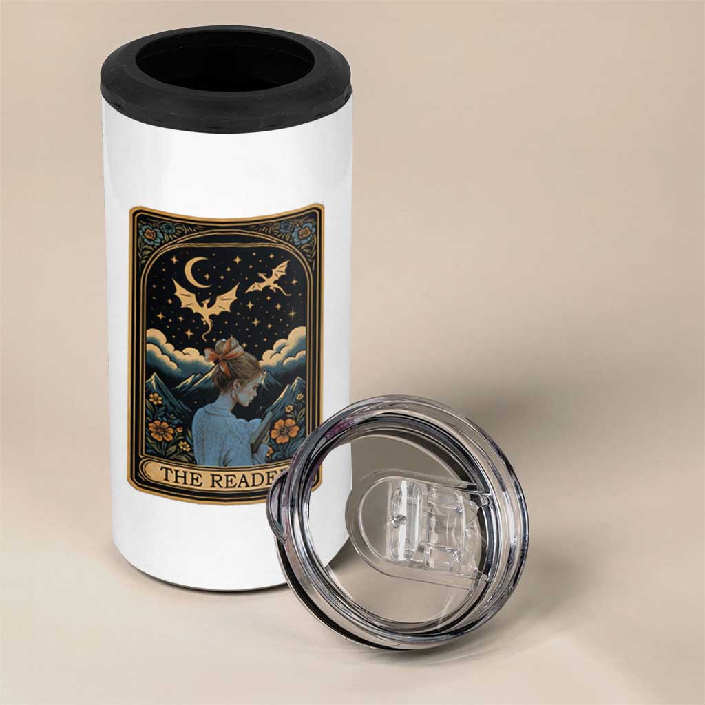 Funny The Reader Tarot Card 4 in 1 Can Cooler Tumbler Girl Reading Fantasy Book