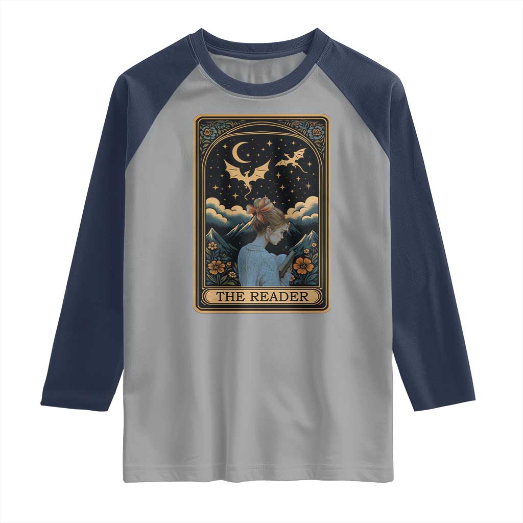 Funny The Reader Tarot Card Raglan Shirt Girl Reading Fantasy Book - Wonder Print Shop