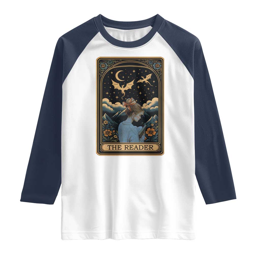 Funny The Reader Tarot Card Raglan Shirt Girl Reading Fantasy Book - Wonder Print Shop