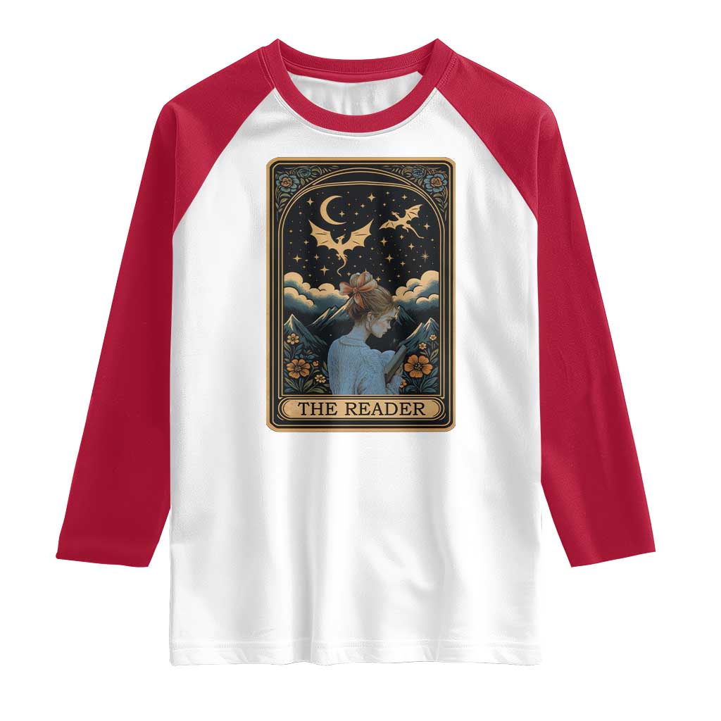 Funny The Reader Tarot Card Raglan Shirt Girl Reading Fantasy Book - Wonder Print Shop