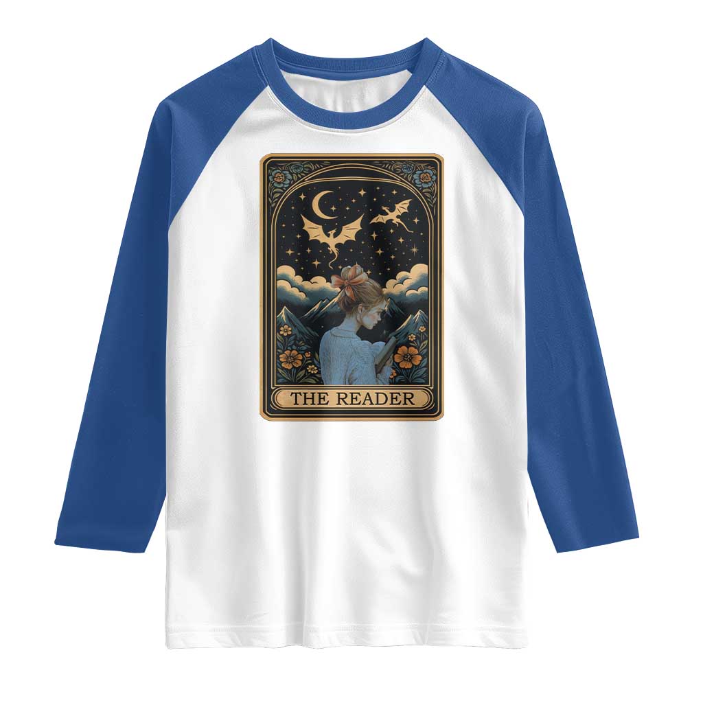 Funny The Reader Tarot Card Raglan Shirt Girl Reading Fantasy Book - Wonder Print Shop