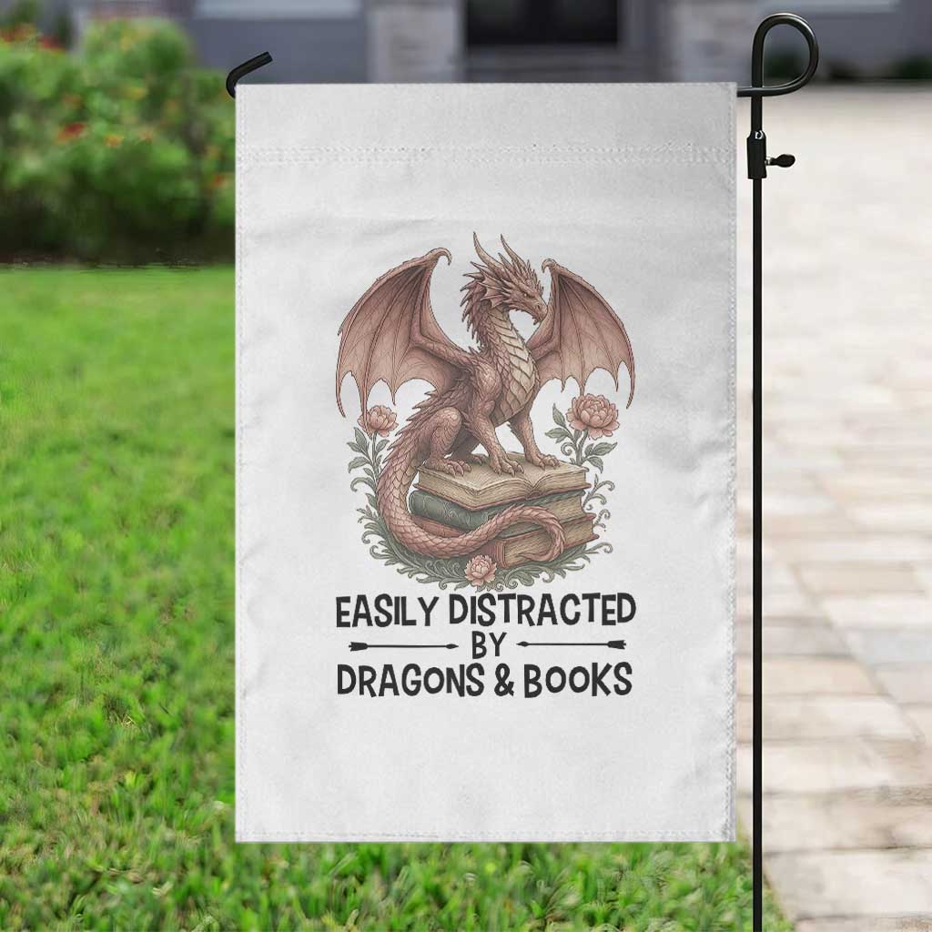 Easily Distracted By Dragon And Books Garden Flag Funny Book Lover - Wonder Print Shop
