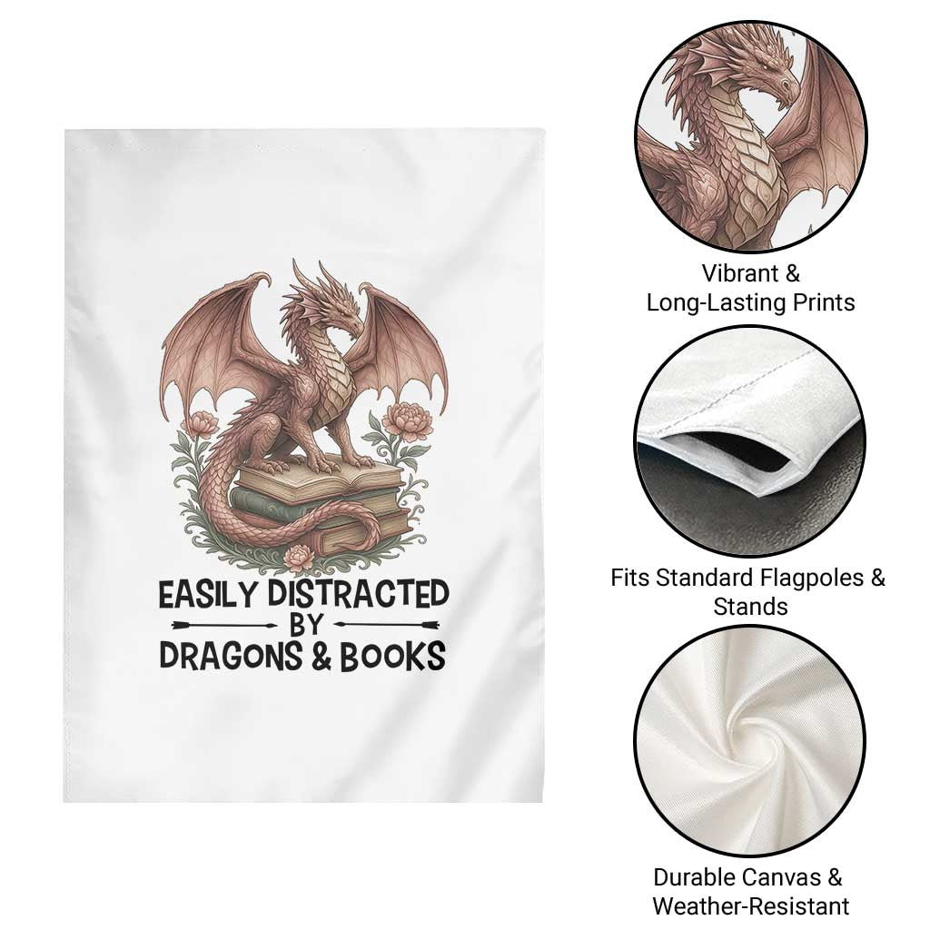 Easily Distracted By Dragon And Books Garden Flag Funny Book Lover - Wonder Print Shop