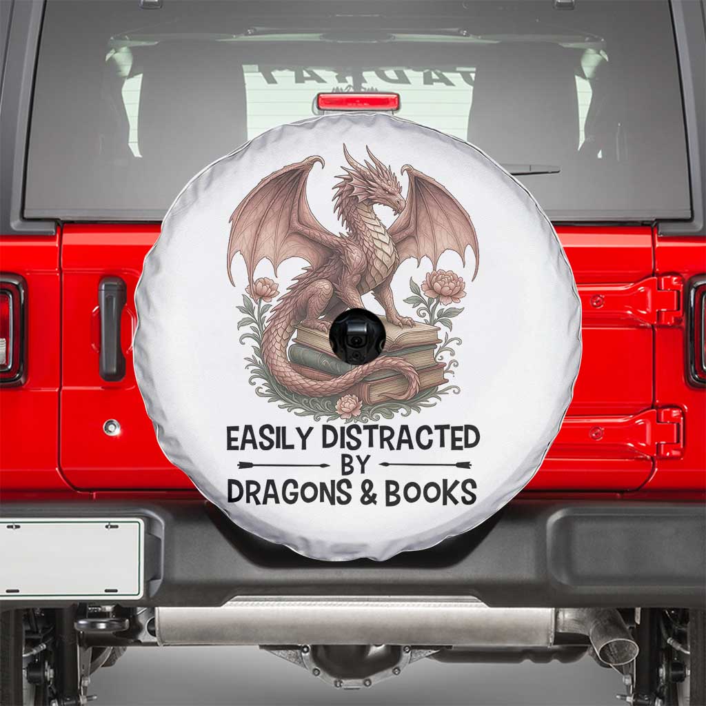 Easily Distracted By Dragon And Books Spare Tire Cover Funny Book Lover - Wonder Print Shop