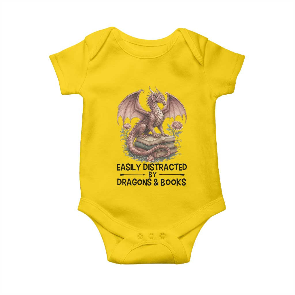 Easily Distracted By Dragon And Books Baby Onesie Funny Book Lover - Wonder Print Shop