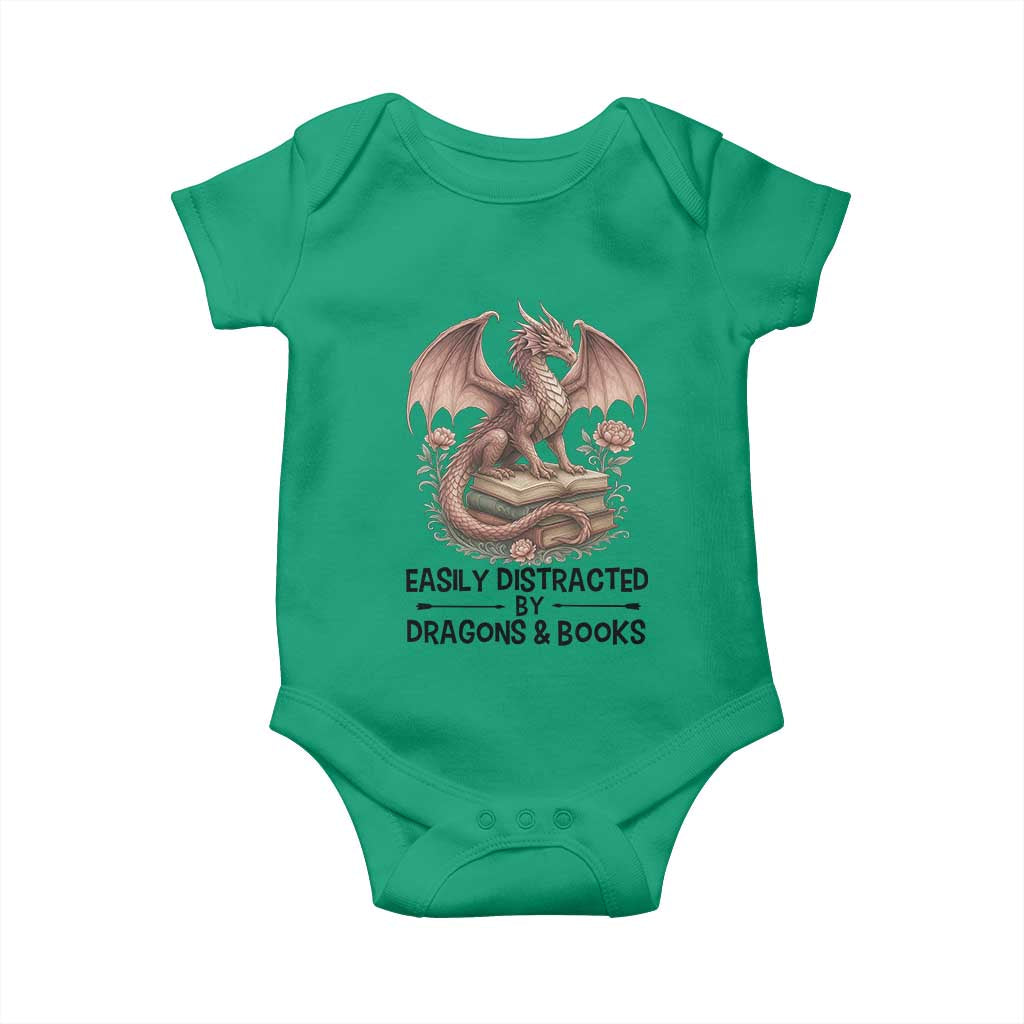 Easily Distracted By Dragon And Books Baby Onesie Funny Book Lover - Wonder Print Shop