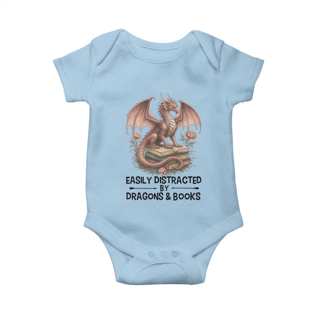 Easily Distracted By Dragon And Books Baby Onesie Funny Book Lover - Wonder Print Shop