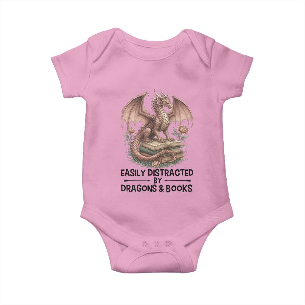 Easily Distracted By Dragon And Books Baby Onesie Funny Book Lover - Wonder Print Shop