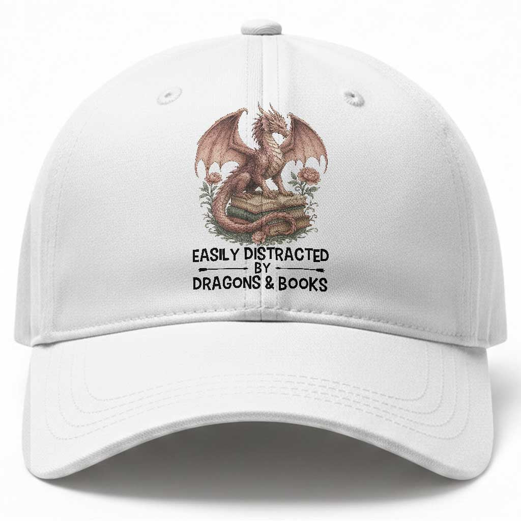 Easily Distracted By Dragon And Books Baseball Cap Funny Book Lover