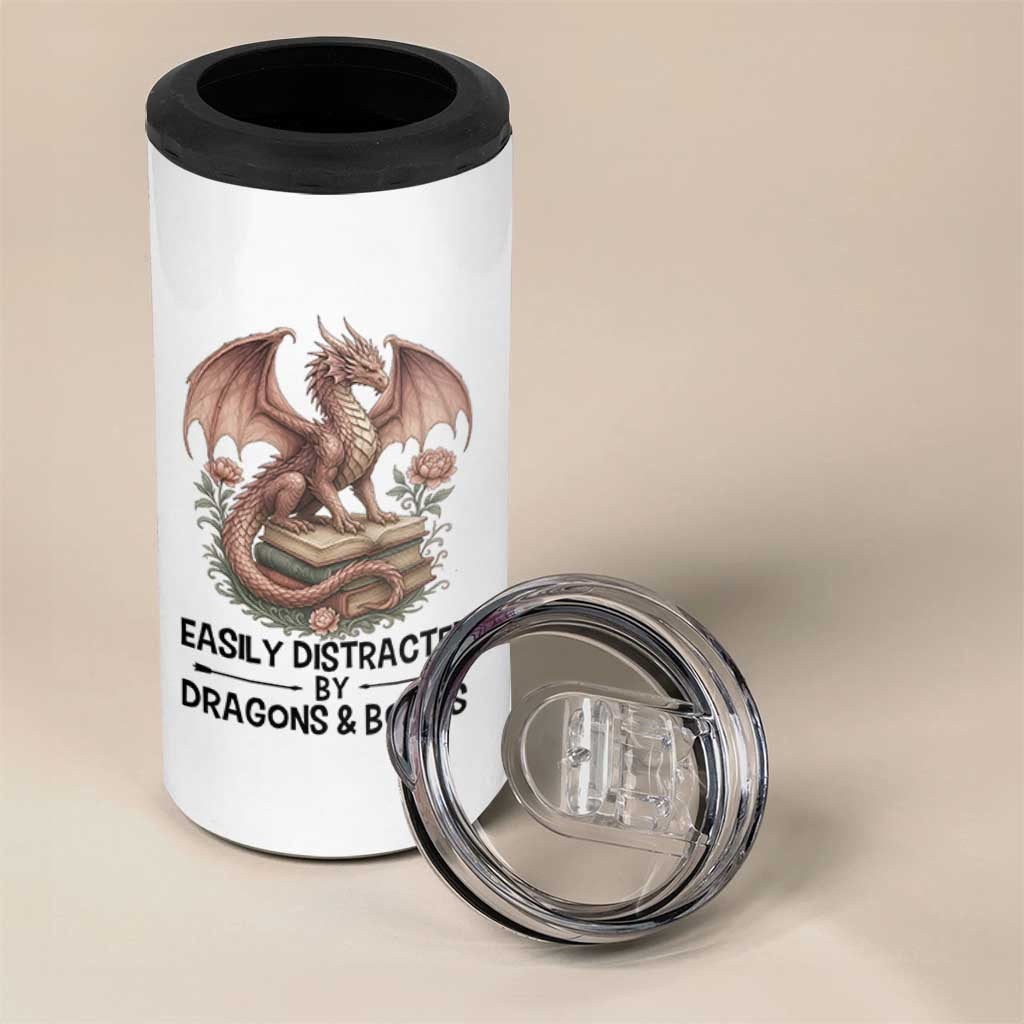 Easily Distracted By Dragon And Books 4 in 1 Can Cooler Tumbler Funny Book Lover