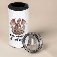Easily Distracted By Dragon And Books 4 in 1 Can Cooler Tumbler Funny Book Lover