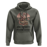 Easily Distracted By Dragon And Books Hoodie Funny Book Lover - Wonder Print Shop