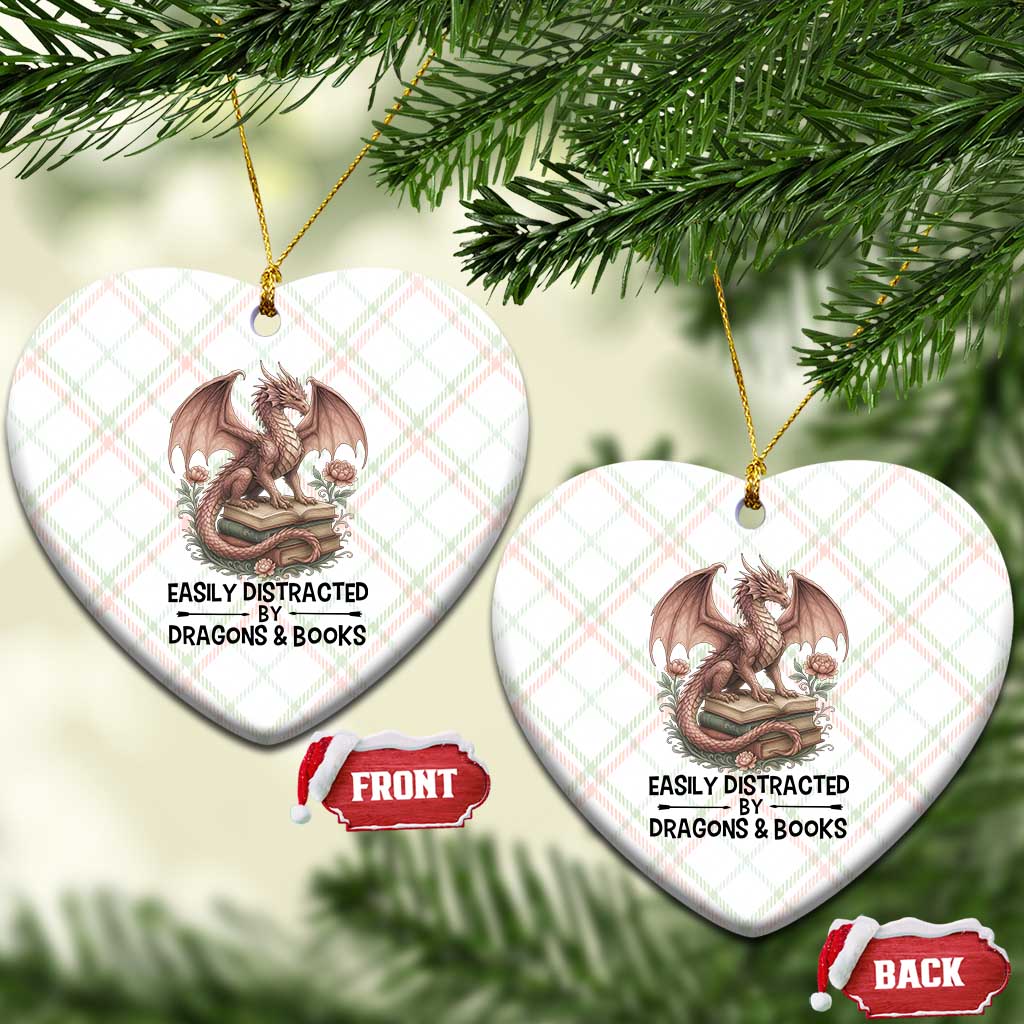 Easily Distracted By Dragon And Books Ceramic Ornament Funny Book Lover - Wonder Print Shop