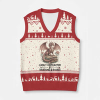 Easily Distracted By Dragon And Books V-Neck Knit Sweater Vest Funny Book Lover - Wonder Print Shop
