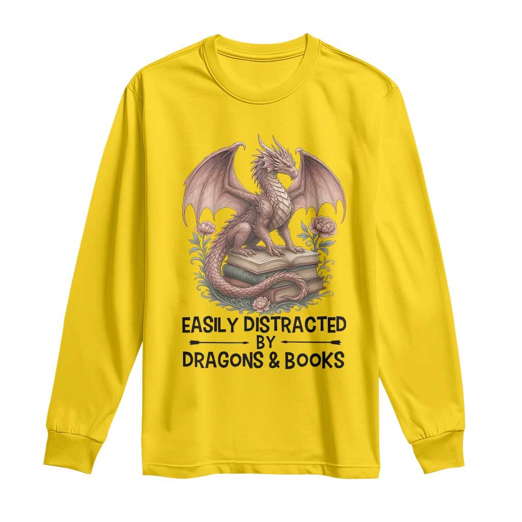 Easily Distracted By Dragon And Books Long Sleeve Shirt Funny Book Lover - Wonder Print Shop