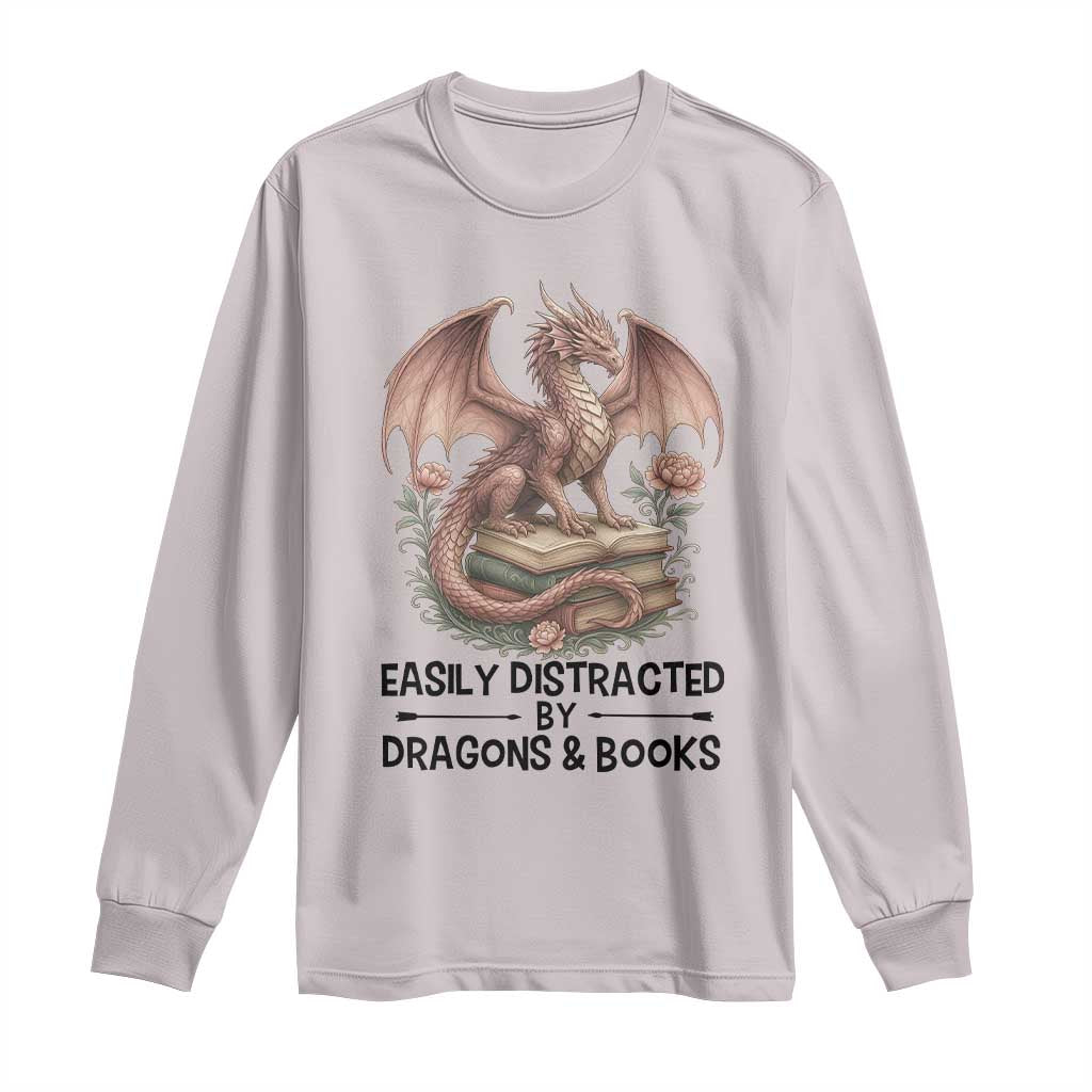 Easily Distracted By Dragon And Books Long Sleeve Shirt Funny Book Lover - Wonder Print Shop