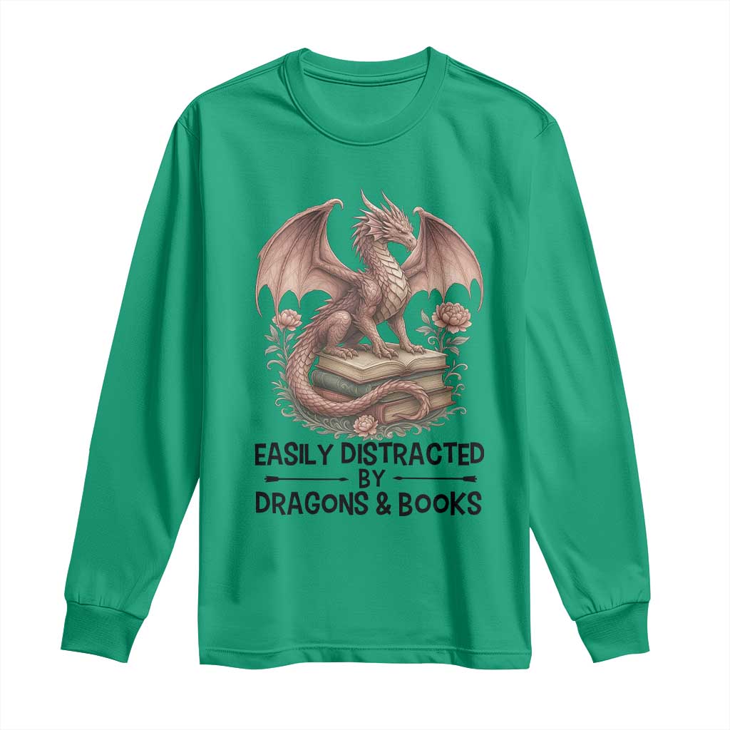 Easily Distracted By Dragon And Books Long Sleeve Shirt Funny Book Lover - Wonder Print Shop