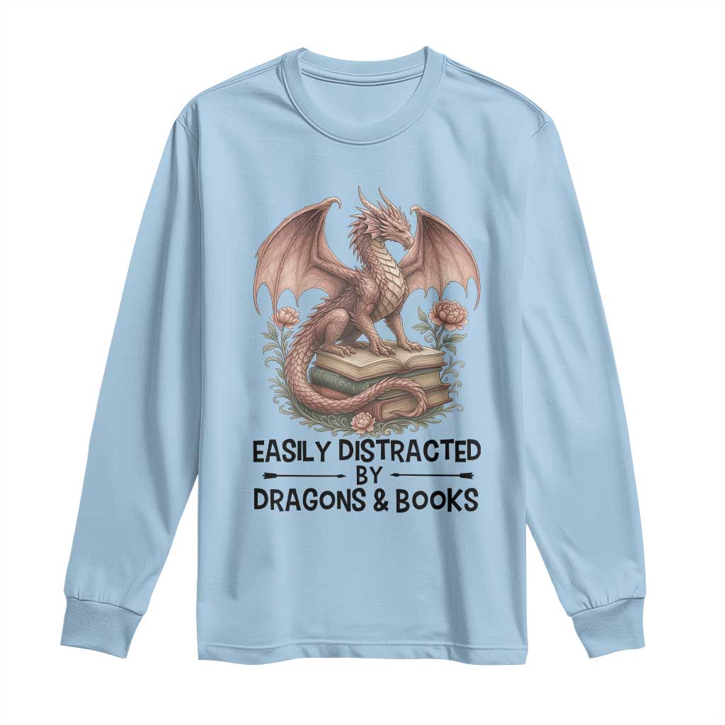 Easily Distracted By Dragon And Books Long Sleeve Shirt Funny Book Lover - Wonder Print Shop
