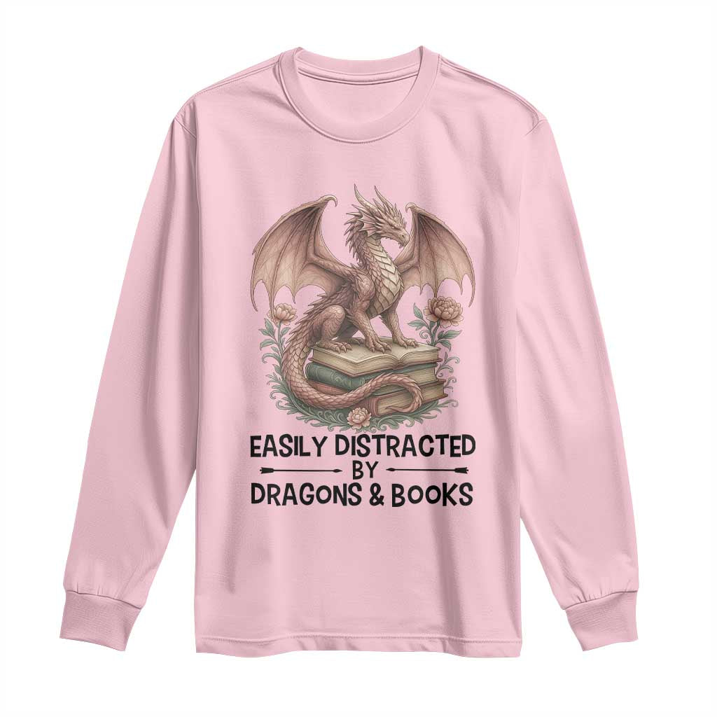 Easily Distracted By Dragon And Books Long Sleeve Shirt Funny Book Lover - Wonder Print Shop