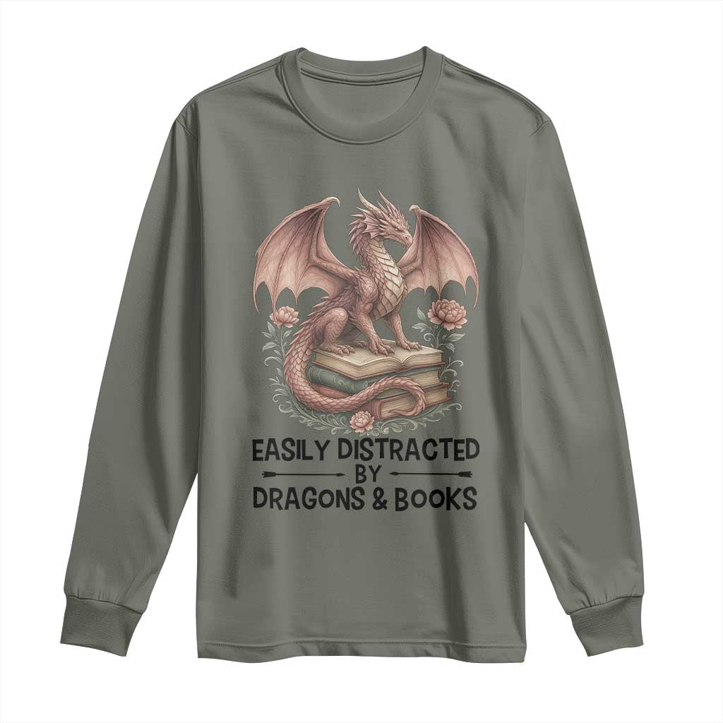 Easily Distracted By Dragon And Books Long Sleeve Shirt Funny Book Lover - Wonder Print Shop