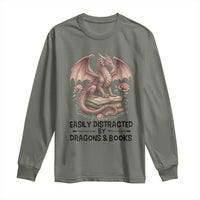 Easily Distracted By Dragon And Books Long Sleeve Shirt Funny Book Lover - Wonder Print Shop